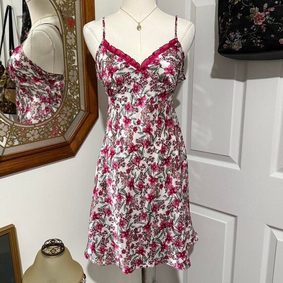 Y2K Adonna White & Pink Whimsy Floral Satin Ruffle Trim Mini Lingerie Slip Dress - Picture 1 of 7